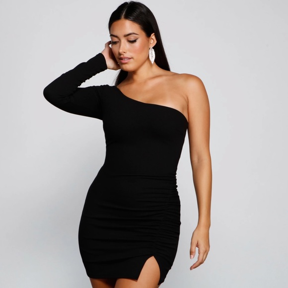 midi dresses bodycon One Shoulder Black Sequin Bodycon Mini Dress – Ohmollydress main image 1
